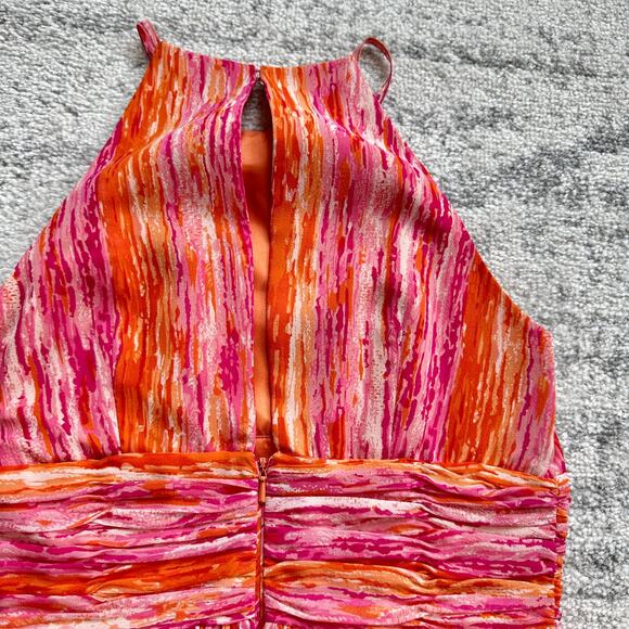 Carmen Marc Valvo Ruched Silk Cocktail Dress Pink Orange Size 2 - Picture 5 of 9